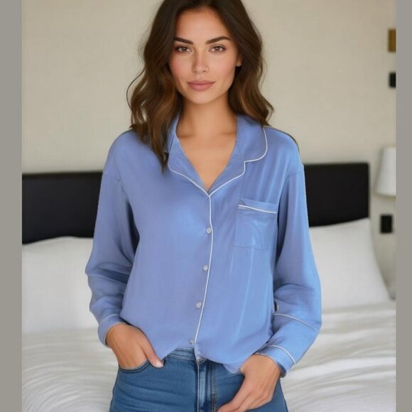 Flora Women's Size Large Blue Button-Down Pajama Top with White Piping NWT - Picture 1 of 4